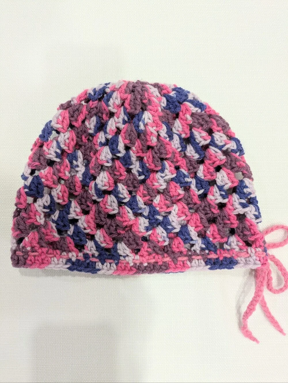 Handmade Pink & Purple Crochet Baby Hat, Granny Stitch, Adjustable